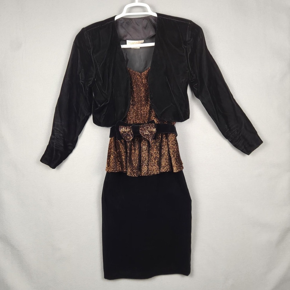 Vintage Hearts Dress‎ Womens Small 3/4 Black Peplum Velvet 2 Piece Made USA 80s